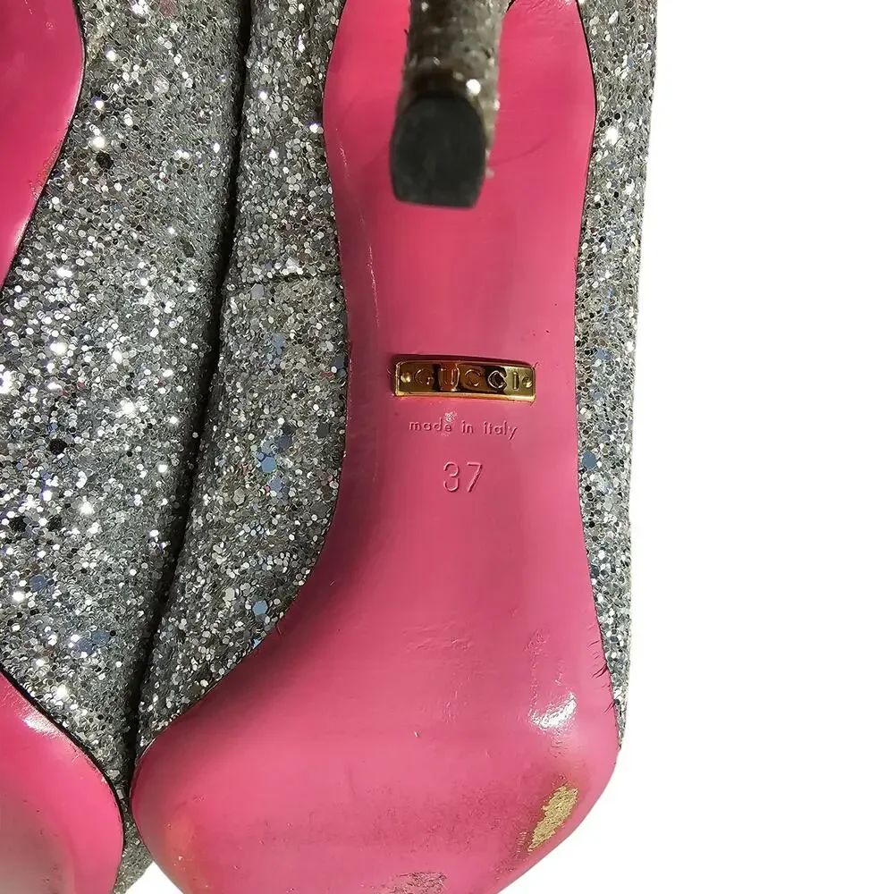 Gucci Virginia Heel Pump Size 37 US 7 Silver Glitter Pink Sole Pointed Toe